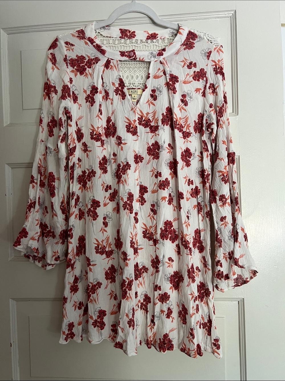 Kori White Tunic Dress with Red Floral Print